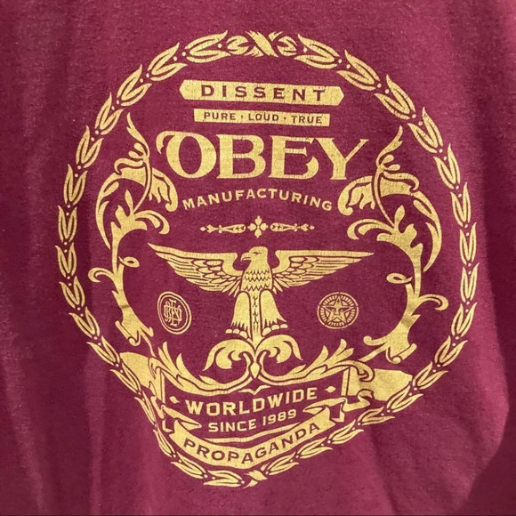 OBEY Sz L T-Shirt  Tee Burgundy Gold Cotton - Picture 2 of 3